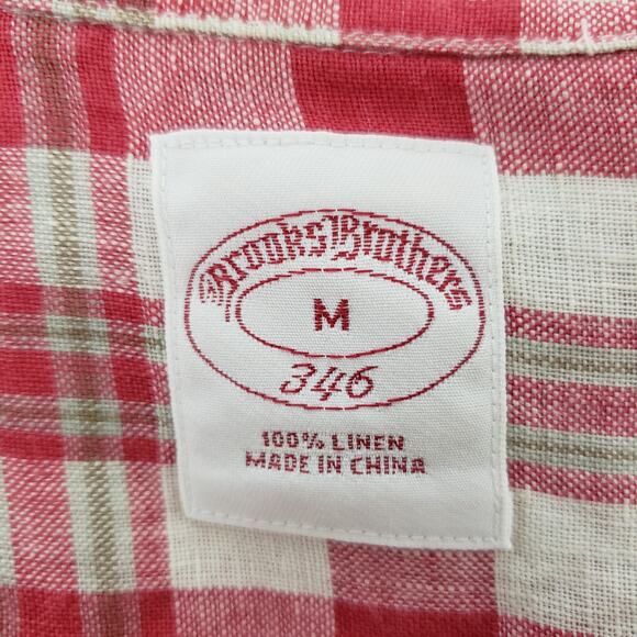 BROOKS BROTHERS 346 Linen Shirt Men M Double Pocket Military Epaulets Plaid Red - Picture 10 of 11